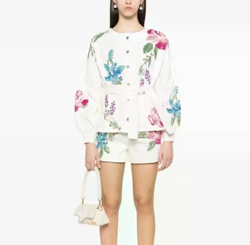 PATBO Poppy Denim Sequin Embroidered Jacket White Sz S NWT $1,200 {3S37}